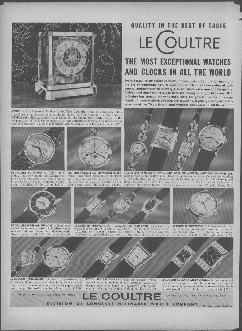 Vintage 1950s LeCoultre original print advertisement, full-page black and white layout showcasing Atmos clock and multiple watch models including the Most Complicated Watch in the World