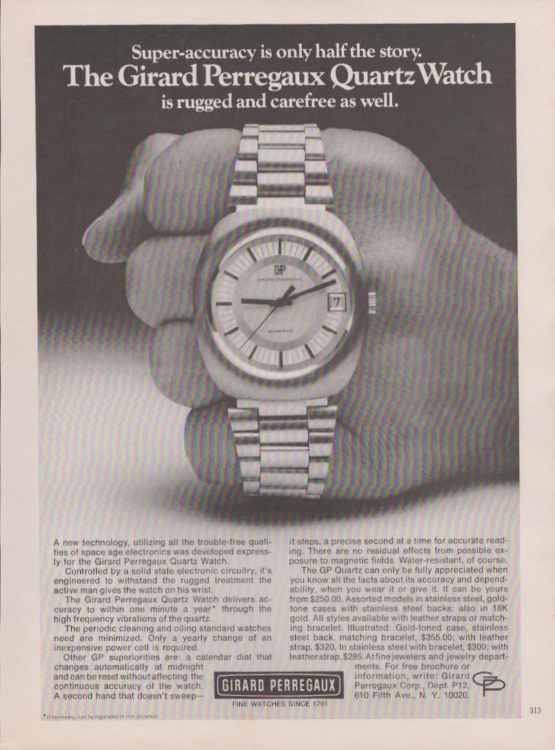 Vintage 1970s Girard-Perregaux Quartz Watch Print Advertisement — Original GP Bracelet Watch Ad