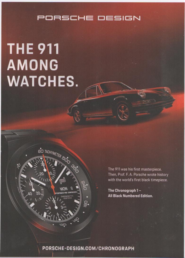 Vintage 2000s Porsche Design Chronograph 1 All Black Numbered Edition original print advertisement, dramatic red-lit early Porsche 911 coupe above large close-up of black chronograph watch face with tachymeter bezel