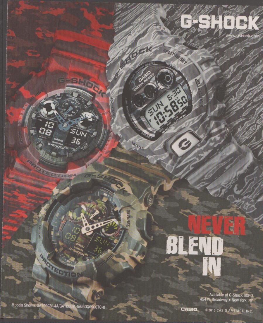 Vintage 2015 Casio G-Shock original print advertisement, three camouflage-pattern G-Shock watches displayed against red and woodland camo backgrounds with 'Never Blend In' tagline