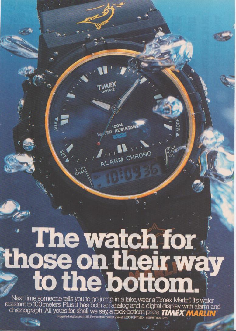 Vintage 1989 Timex Marlin Alarm Chrono Print Advertisement — Original 1980s Watch Ad
