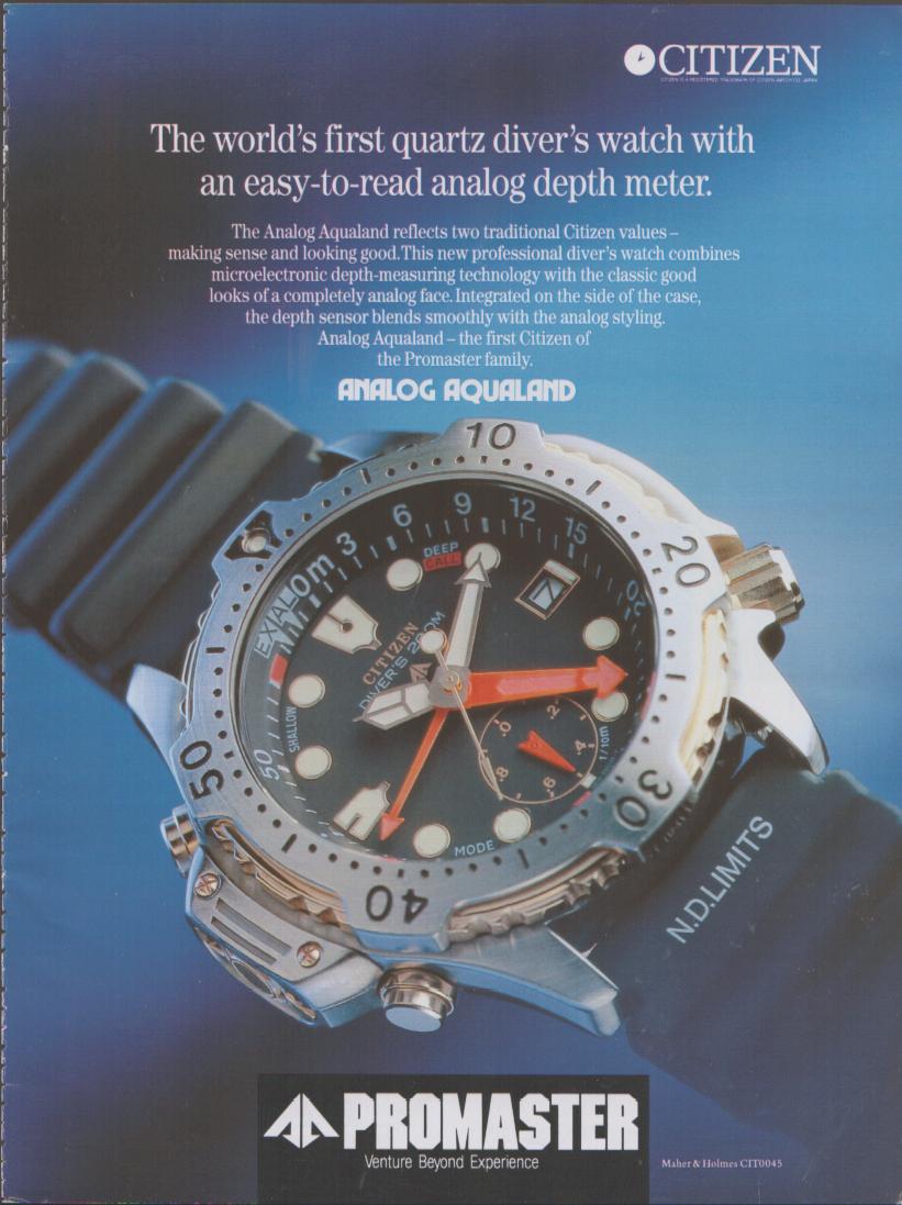 Vintage 1980s Citizen Analog Aqualand Promaster original print advertisement, close-up of diver watch with analog depth meter on blue background with Promaster branding