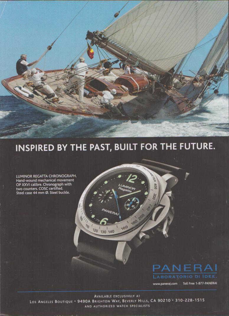 Vintage 2000s Panerai Luminor Regatta Chronograph original print advertisement, classic wooden sailboat racing on open water above large watch product shot on dark background