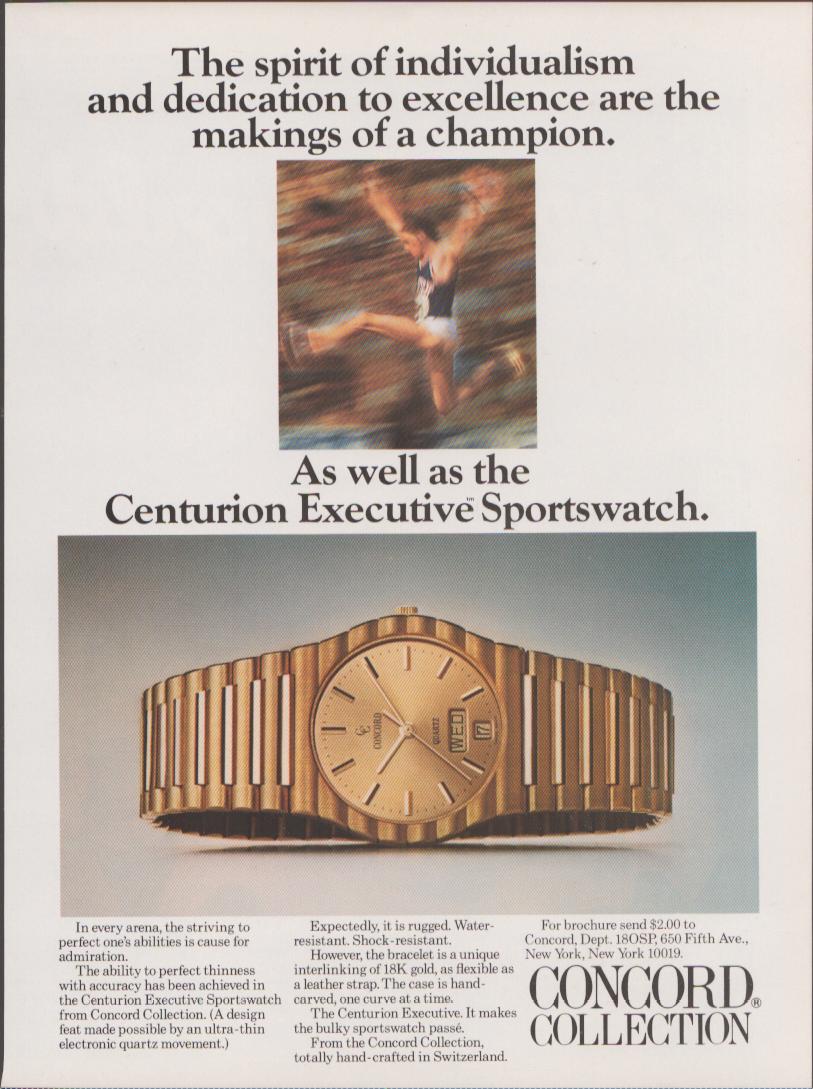 Vintage 1980s Concord Centurion Executive Sportswatch original print advertisement, featuring a gold bracelet dress watch alongside a motion-blurred track athlete with champion-themed headline