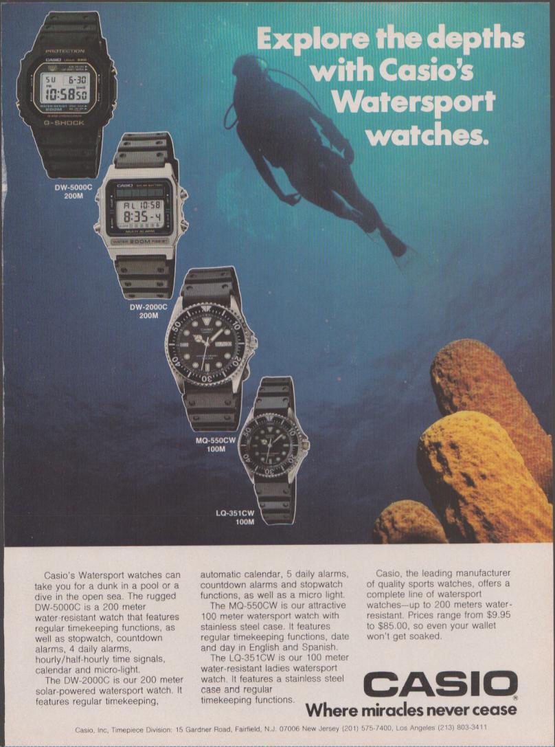 Vintage 1980s Casio Watersport watches original print advertisement, four digital and analog dive watches displayed against underwater ocean scene with scuba diver silhouette