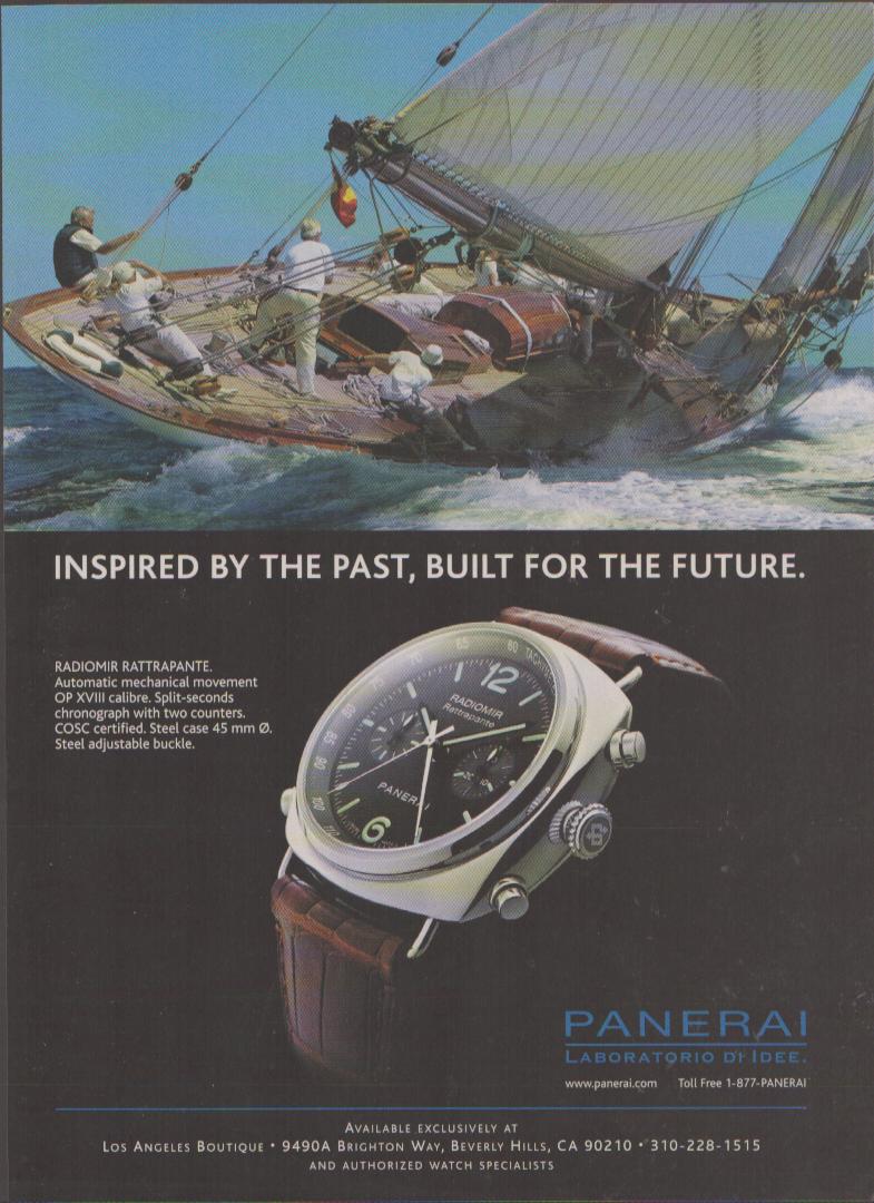 Vintage 2000s Panerai Radiomir Rattrapante original print advertisement, classic racing sailboat heeled in open water above dramatic watch close-up on black background