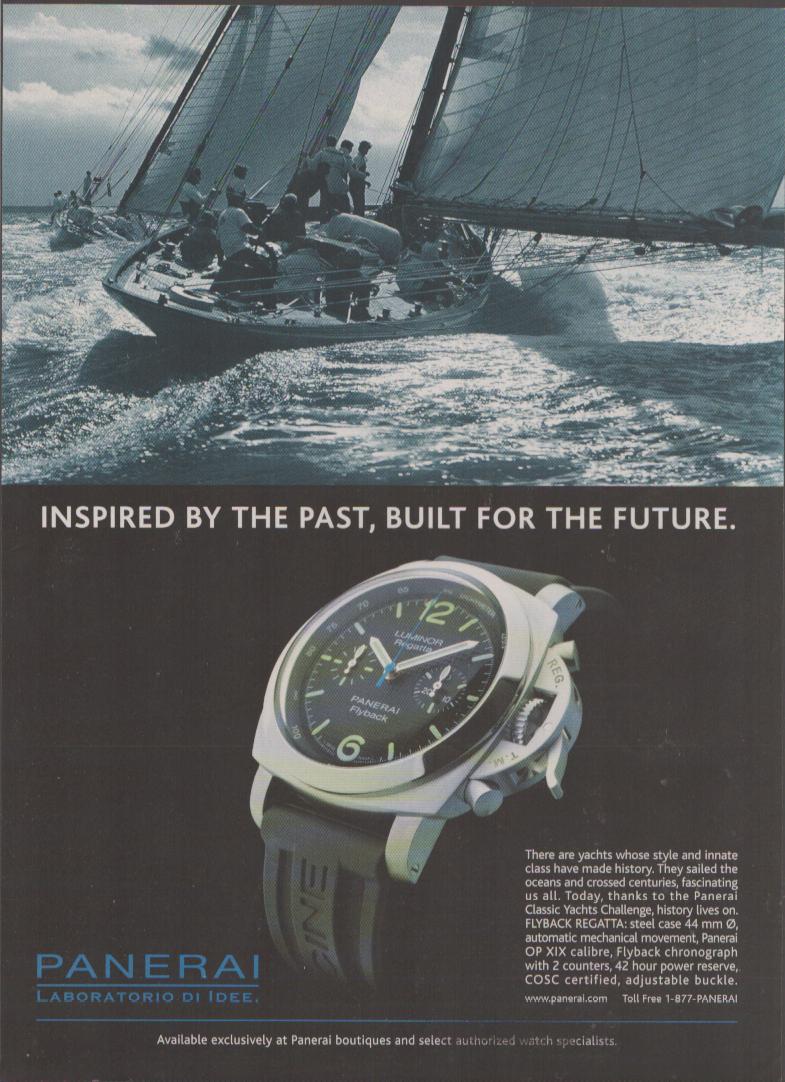 Vintage 2000s Panerai Luminor Regatta Flyback original print advertisement, dramatic racing yacht photograph above watch on dark background with 'Inspired by the Past, Built for the Future' headline