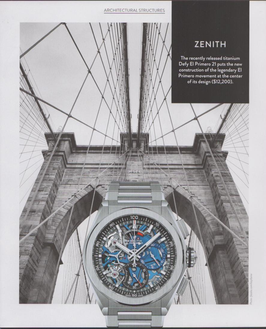 Vintage 2010s Zenith Defy El Primero 21 original print advertisement, skeleton chronograph watch displayed against black and white Brooklyn Bridge cables and towers