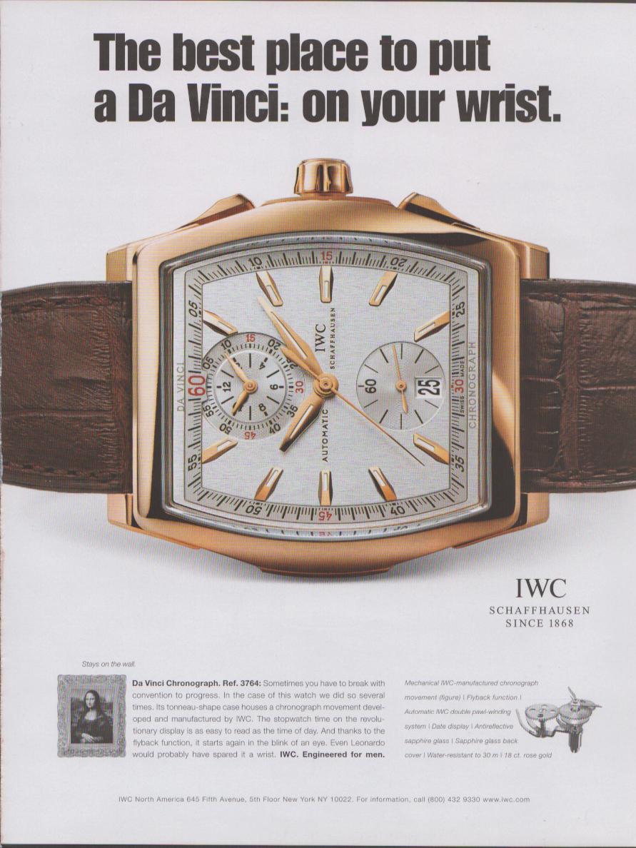 Vintage 2000s IWC Da Vinci Chronograph Ref. 3764 original print advertisement, rose gold tonneau-case watch with white dial on brown leather strap, Mona Lisa thumbnail at bottom left