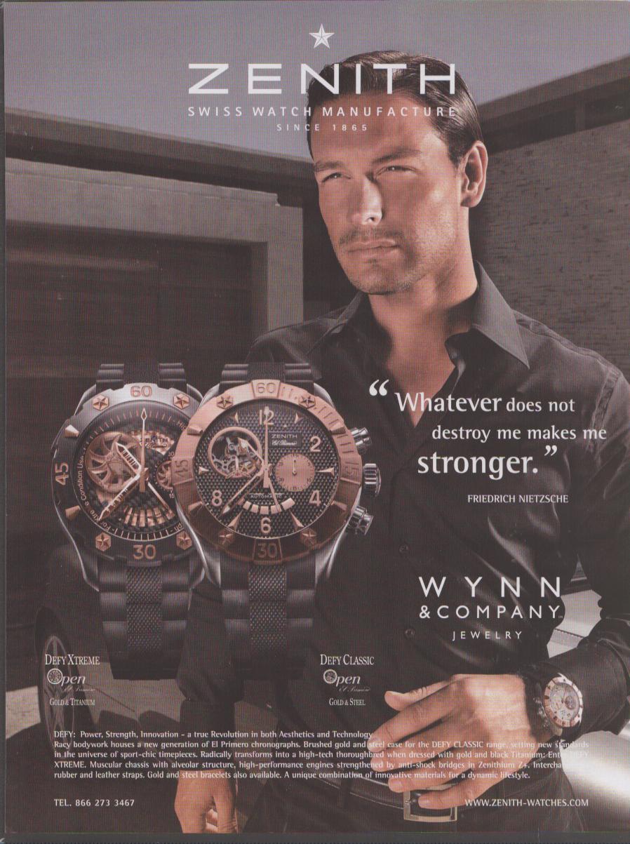 Vintage 2000s Zenith Defy Xtreme and Defy Classic Open El Primero original print advertisement, male model in black shirt with Nietzsche quote and two sport chronographs displayed