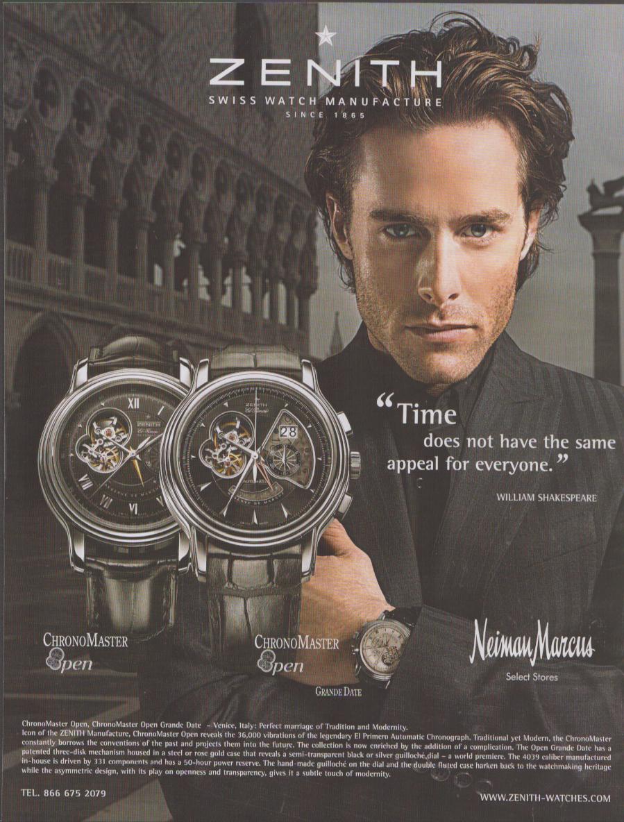 Vintage 2000s Zenith ChronoMaster Open original print advertisement, male model in dark suit with open-worked chronograph watches against Venice architectural backdrop