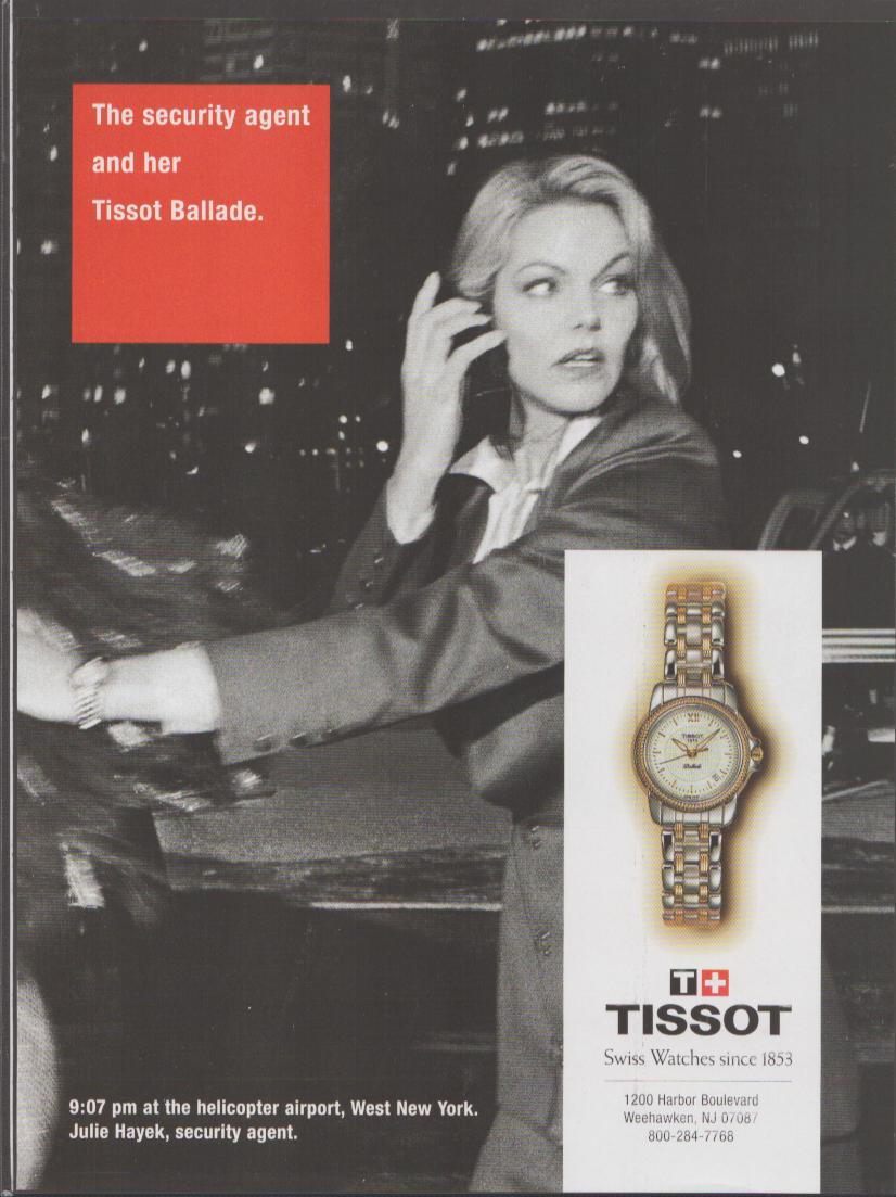 Vintage 1990s Tissot Ballade original print advertisement, black and white noir-style photo of woman on phone at helicopter airport with color watch inset and red headline card
