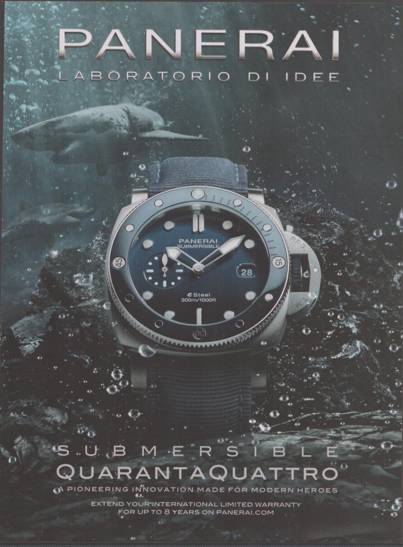 Vintage 2020s Panerai Submersible QuarantaQuattro original print advertisement, blue eSteel dive watch underwater with shark in background