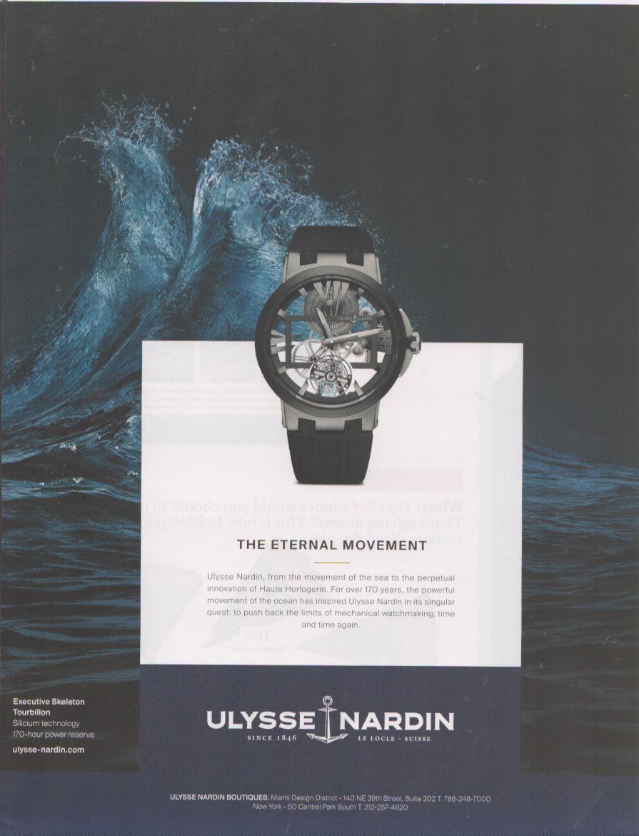 Vintage 2010s Ulysse Nardin Executive Skeleton Tourbillon original print advertisement, skeletonized watch dial floating above dramatic ocean wave with 'The Eternal Movement' headline