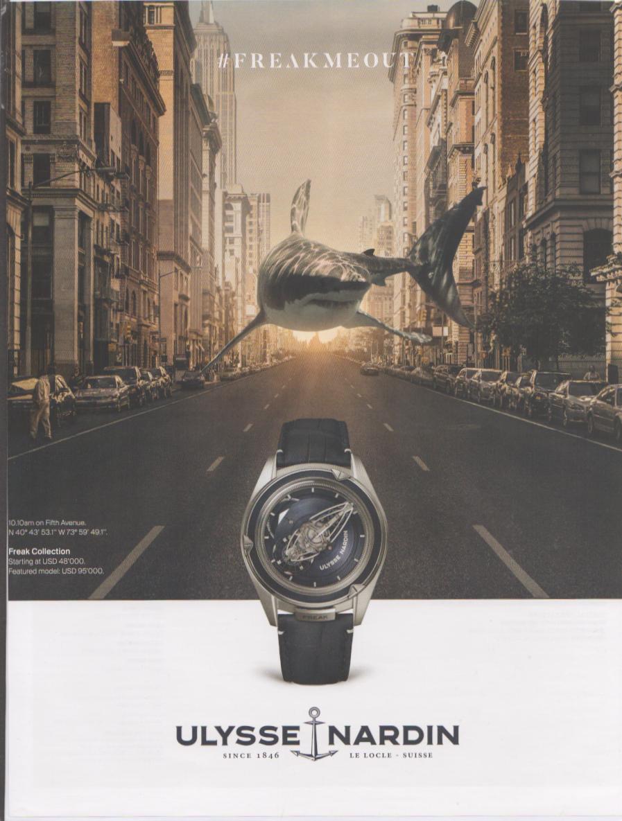 Vintage 2010s Ulysse Nardin Freak Collection original print advertisement, great white shark flying above Fifth Avenue New York City with Freak watch displayed below