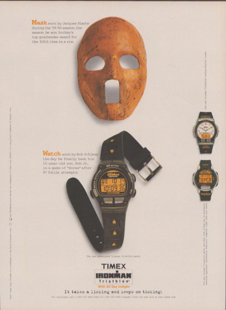 Vintage 1990s Timex Ironman Triathlon original print advertisement, featuring Jacques Plante's orange goaltender mask and redesigned Ironman digital watch on white background