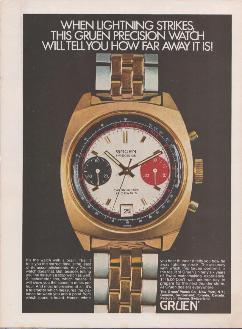 Vintage 1970s Gruen Precision Chronograph original print advertisement, large close-up of gold-tone sport watch with panda dial, red sub-register, and telemeter bezel on dark background