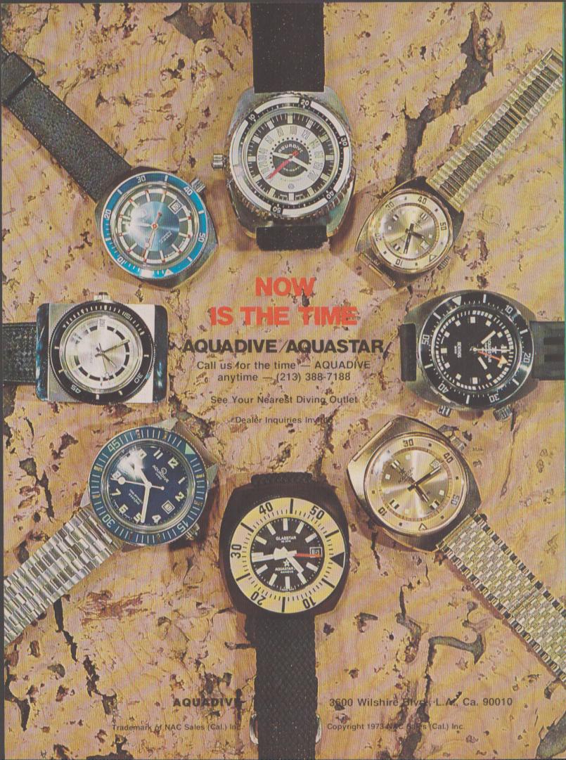 Vintage 1973 Aquadive Aquastar original print advertisement, eight professional dive watches arranged in a circle on a cork background with bold red headline text