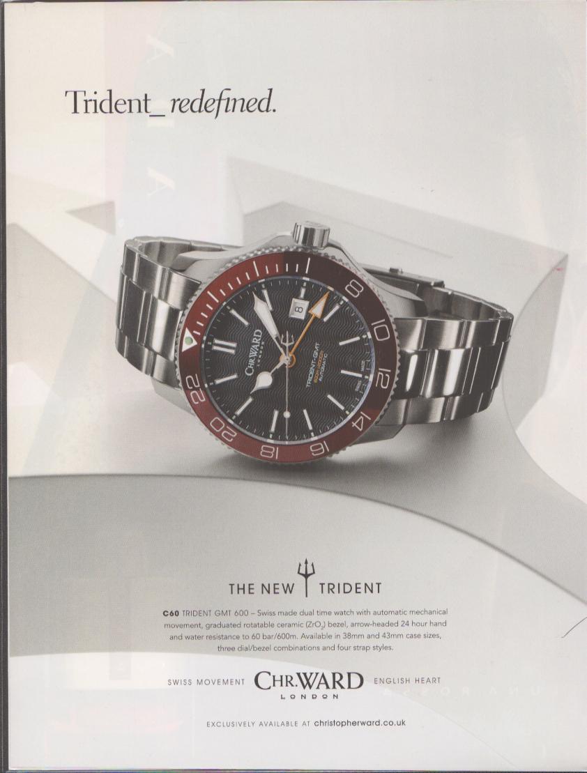 Vintage 2010s Christopher Ward C60 Trident GMT-600 original print advertisement, steel dive watch with burgundy ceramic bezel on white sculptural background