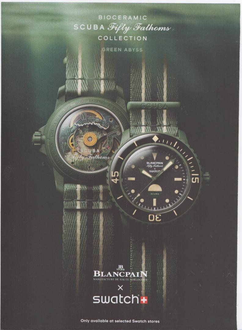 Vintage 2023 Blancpain x Swatch Scuba Fifty Fathoms original print advertisement, green bioceramic dive watch dial and caseback views against underwater backdrop