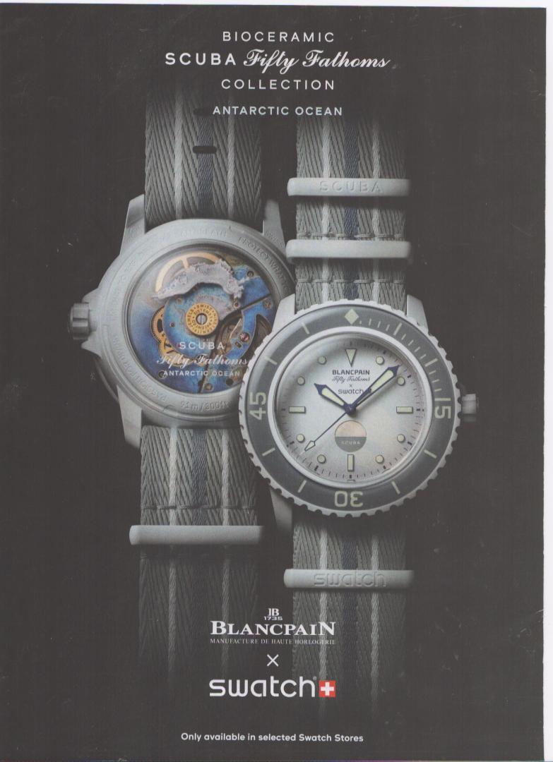 Vintage 2023 Blancpain x Swatch Bioceramic Scuba Fifty Fathoms original print advertisement, dial and caseback views on grey NATO strap against dark background