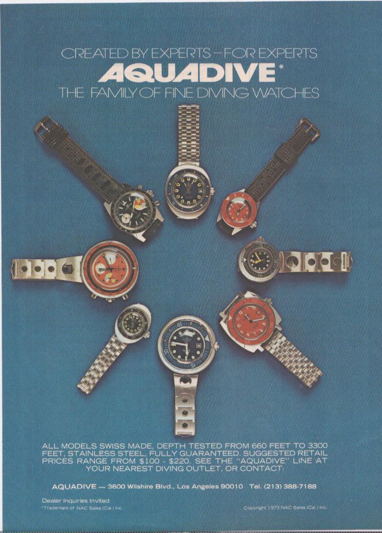 Vintage 1973 Aquadive diving watches original print advertisement, eight Swiss dive watches in starburst arrangement on blue background with orange and red dials