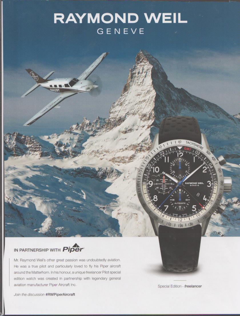 Vintage 2010s Raymond Weil Freelancer Pilot Special Edition original print advertisement, Piper aircraft flying over the Matterhorn with GMT chronograph watch in foreground