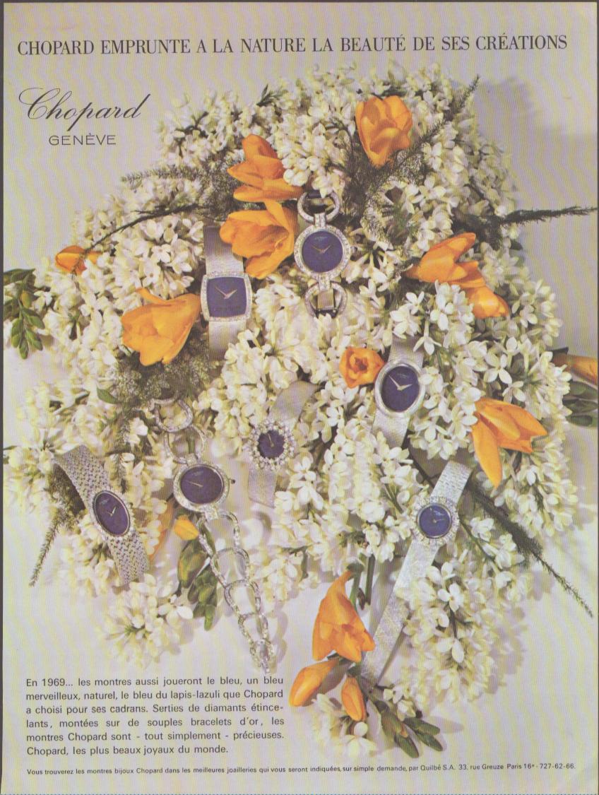 Vintage 1969 Chopard Genève original print advertisement, multiple diamond ladies watches with lapis lazuli dials arranged among white and orange floral bouquet