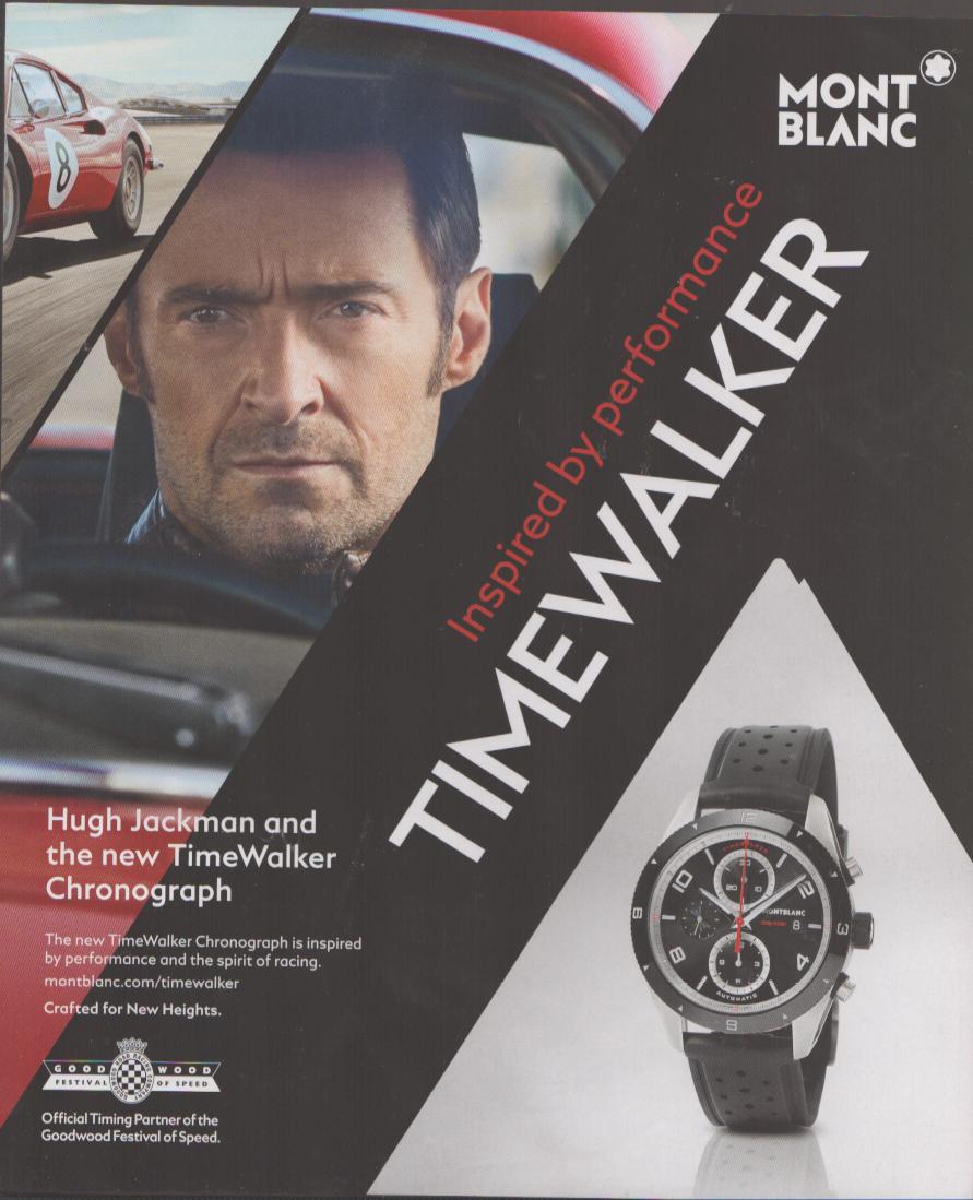 Vintage 2014 Montblanc TimeWalker Chronograph original print advertisement, Hugh Jackman seated in a red racing car with watch detail on black background