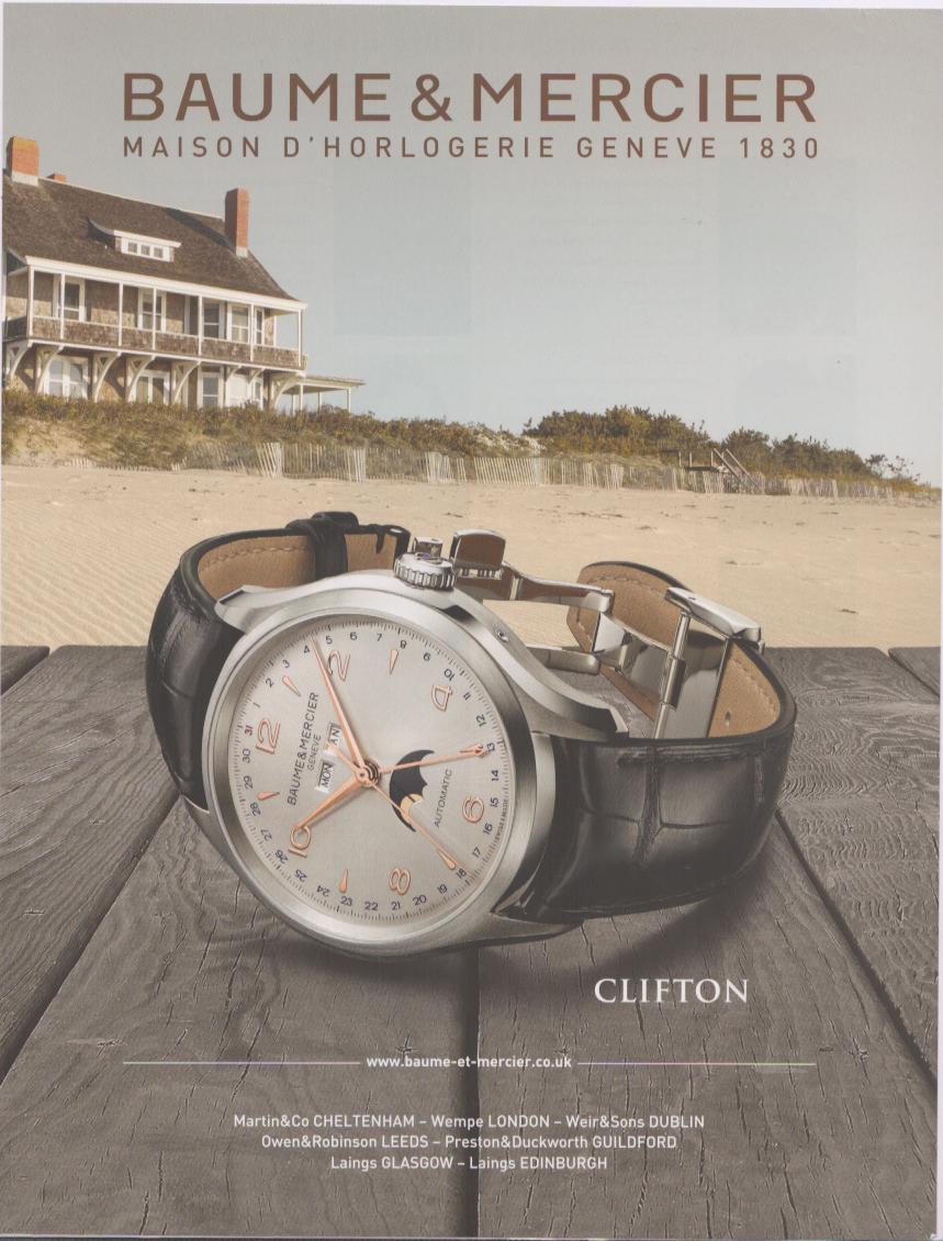 Vintage 2013 Baume & Mercier Clifton original print advertisement, moonphase automatic watch on weathered wood deck with coastal beach house in background