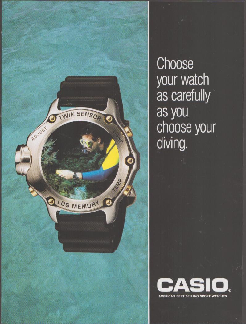 Vintage 1990s Casio Twin Sensor sport watch original print advertisement, scuba diver reflected in oversized watch face against teal water background