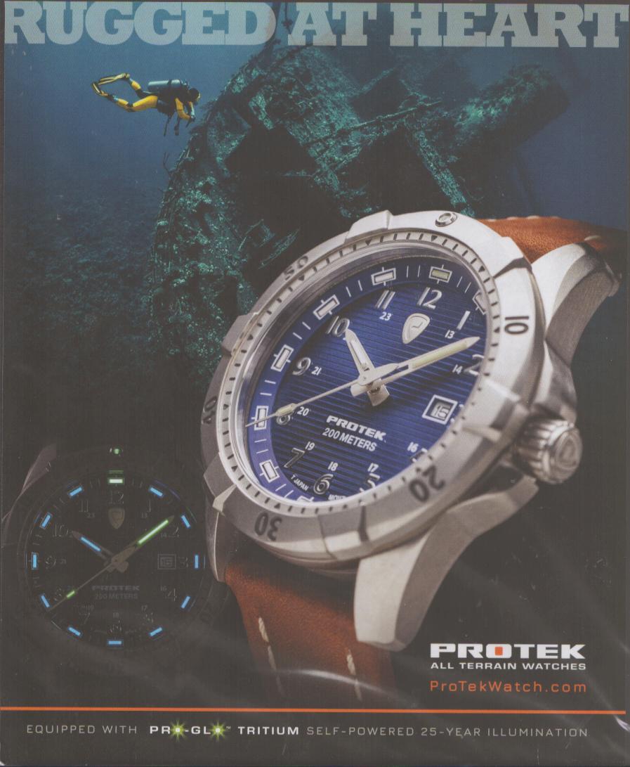 Vintage 2000s ProTek All Terrain 200M original print advertisement, blue dial dive watch with scuba diver and underwater shipwreck background, 'Rugged at Heart' headline