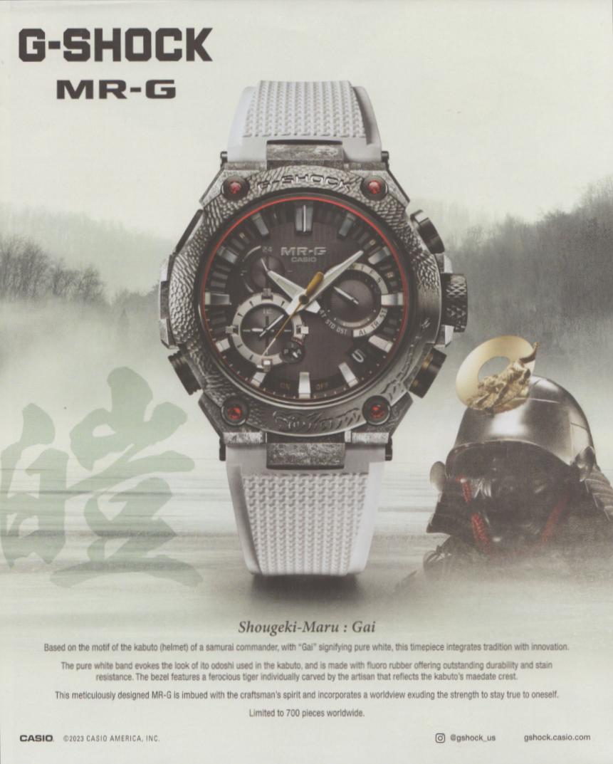 Vintage 2023 Casio G-Shock MR-G Shougeki-Maru Gai original print advertisement, white-band titanium watch beside a traditional samurai kabuto helmet against a misty Japanese landscape