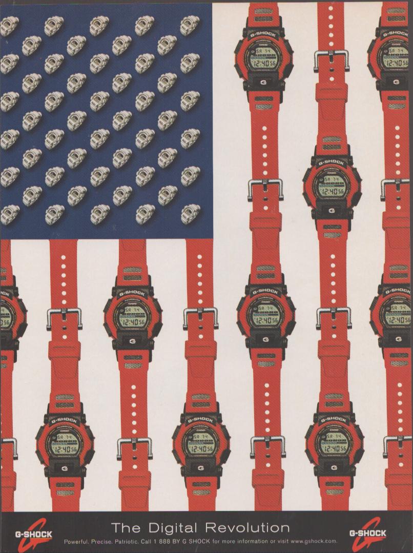Vintage 1990s Casio G-Shock original print advertisement, American flag composed of red-banded G-Shock digital watches and silver watches forming stars on blue canton, 'The Digital Revolution' headline