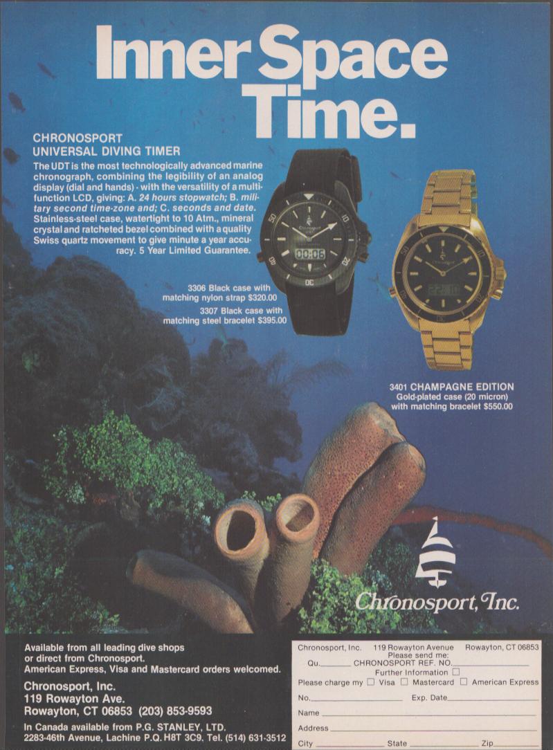 Vintage 1980s Chronosport Universal Diving Timer original print advertisement, three dive watches displayed against an underwater coral reef background with bold 'Inner Space Time' headline