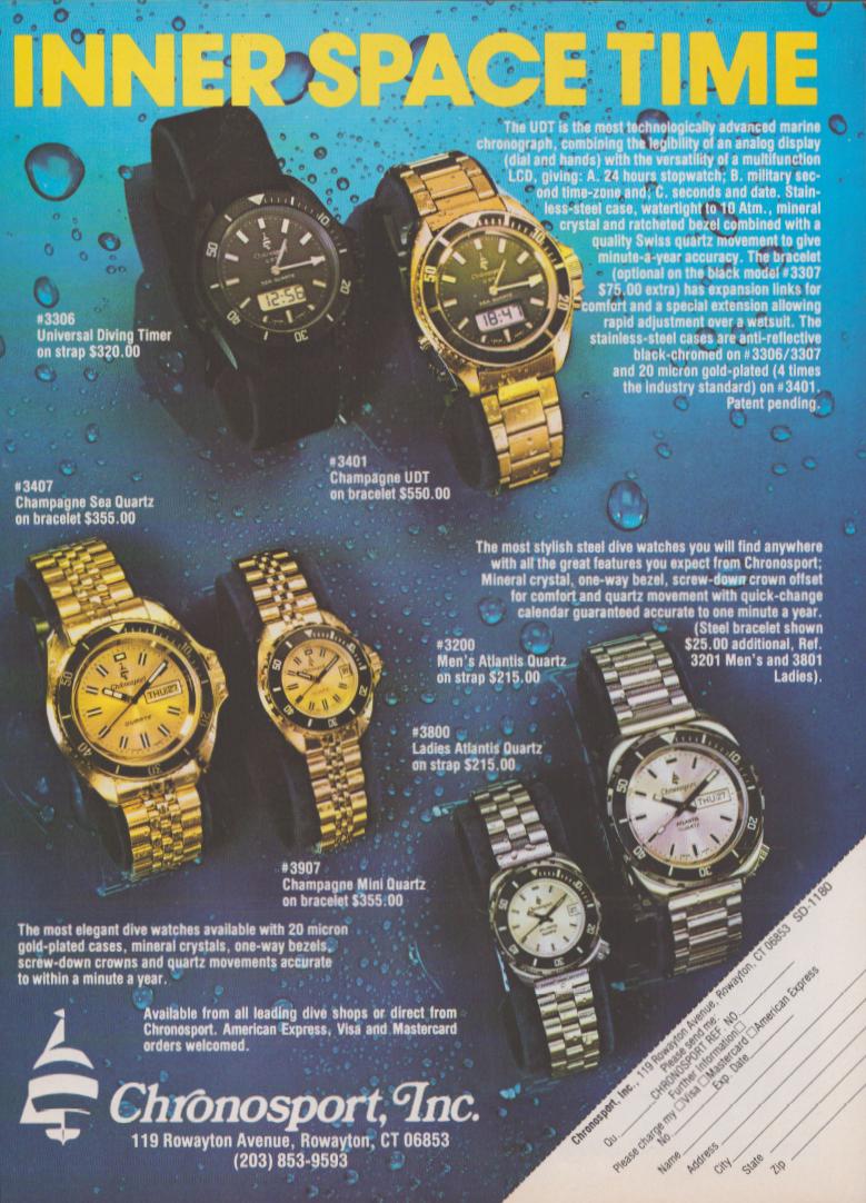 Vintage 1980s Chronosport Inc. original print advertisement, six gold-plated and steel dive watches displayed on aquatic blue-green water-droplet background with 'Inner Space Time' headline