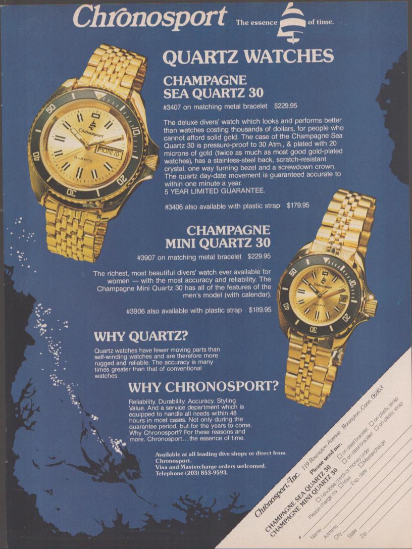 Vintage 1970s Chronosport Champagne Sea Quartz 30 original print advertisement, gold-toned diver watches displayed against deep blue underwater background with full product copy and order form