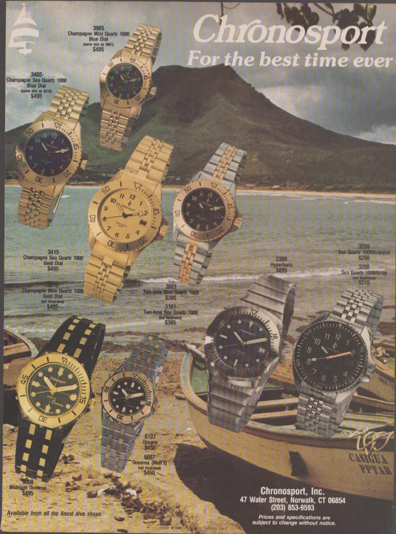 Vintage 1980s Chronosport dive watch collection original print advertisement, multiple sport watches displayed on tropical beach with mountain background