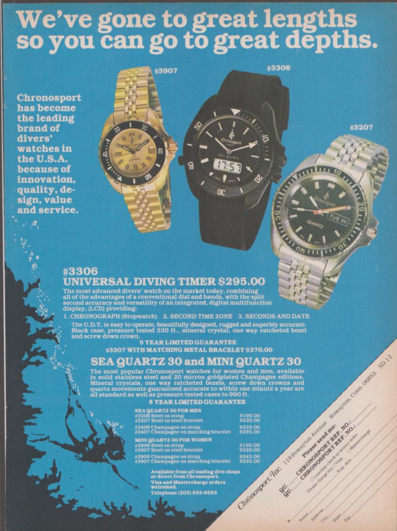 Vintage 1980s Chronosport Sea Quartz diver watch original print advertisement, blue underwater background with three dive watch models displayed