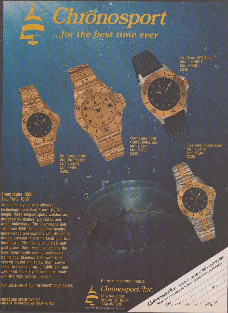 Vintage 1980s Chronosport Champagne 1000 Two-Tone 1000 original print advertisement, five gold sport watches floating against a deep blue underwater background