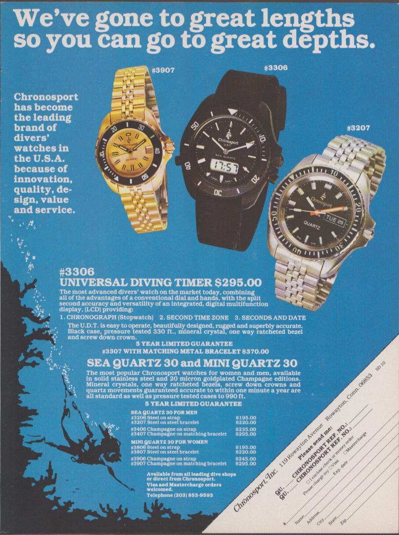 Vintage 1980 Chronosport Sea Quartz diver original print advertisement, three dive watches displayed on vivid blue underwater background with bold headline