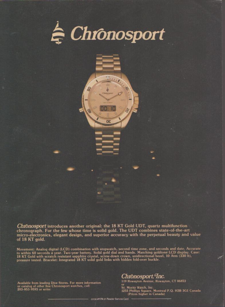 Vintage 1980s Chronosport UDT 18KT Gold original print advertisement, all-gold analog-digital quartz chronograph floating against dark background