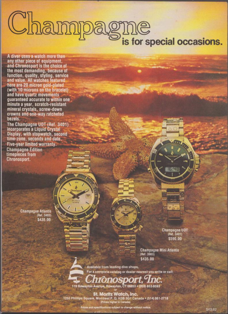Vintage 1982 Chronosport Champagne Edition original print advertisement, three gold-plated dive watches arranged on a sandy beach at sunset with a starfish