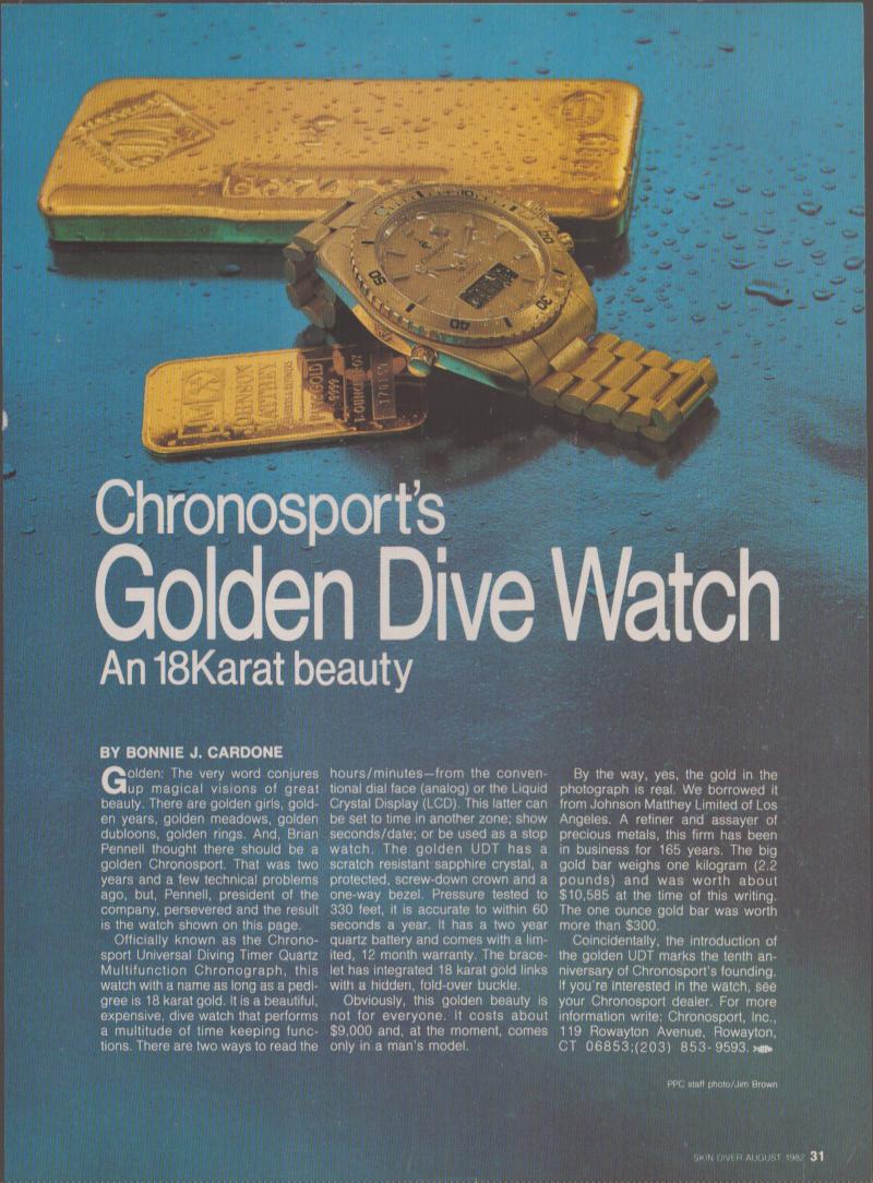 Vintage 1982 Chronosport Golden Dive Watch original print advertisement, 18 karat gold watch resting on gold bullion bars against blue wet surface