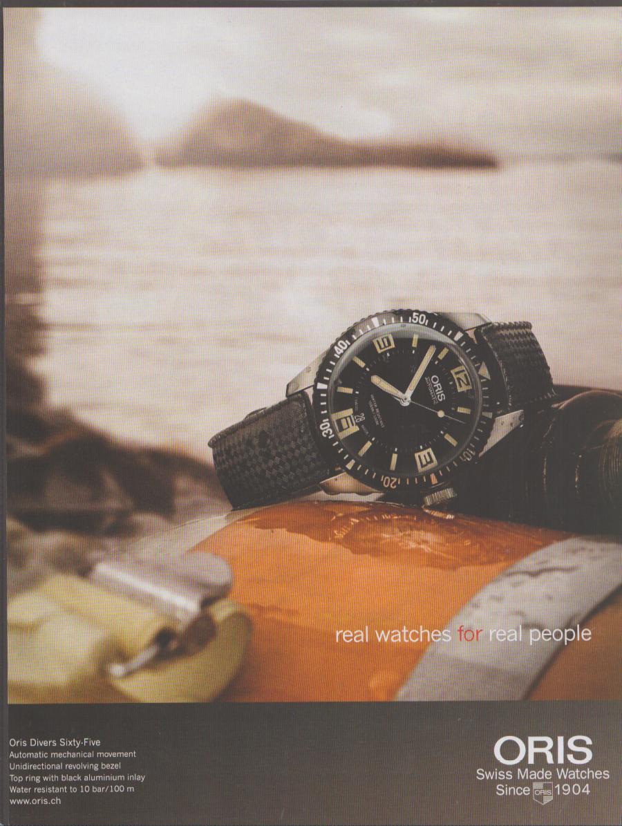 Vintage 2000s Oris Divers Sixty-Five original print advertisement, dive watch with black dial and rotating bezel resting on weathered dock rope with coastal background