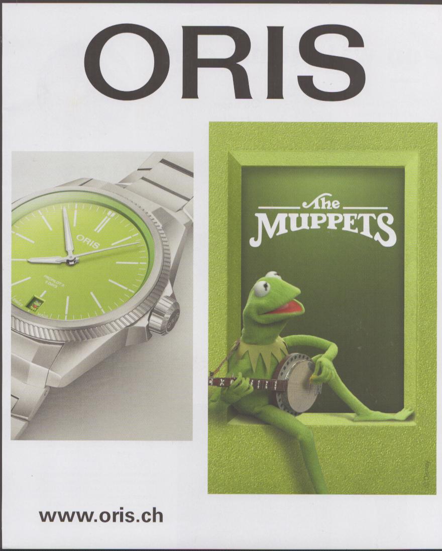 Vintage 2010s Oris x The Muppets original print advertisement, featuring lime-green dial Oris watch alongside Kermit the Frog playing banjo
