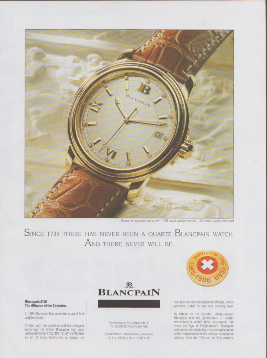 Vintage 1995 Blancpain 2100 Alliance of the Centuries original print advertisement, yellow gold case on cognac crocodile strap photographed over rippling water with Watch of the Year 1995-1996 seal