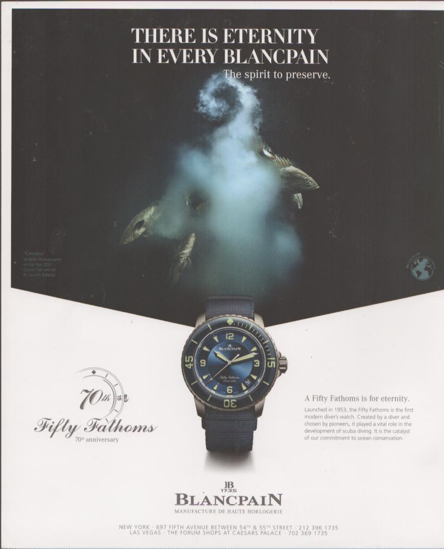 Vintage 2023 Blancpain Fifty Fathoms 70th Anniversary original print advertisement, underwater whale photography with blue-dialed dive watch on NATO strap