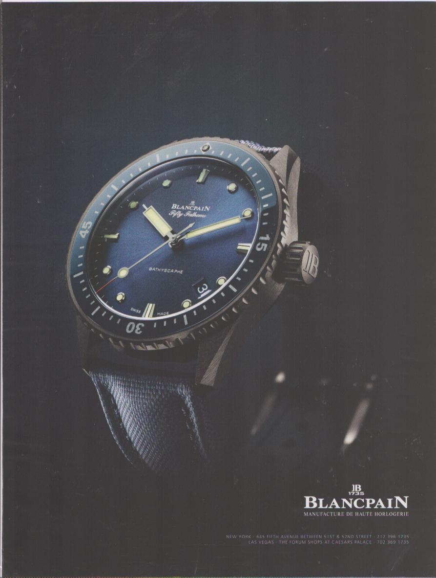 Vintage Blancpain Fifty Fathoms Bathyscaphe original print advertisement, dramatic dark studio shot with blue sunburst dial and NATO strap on dark background