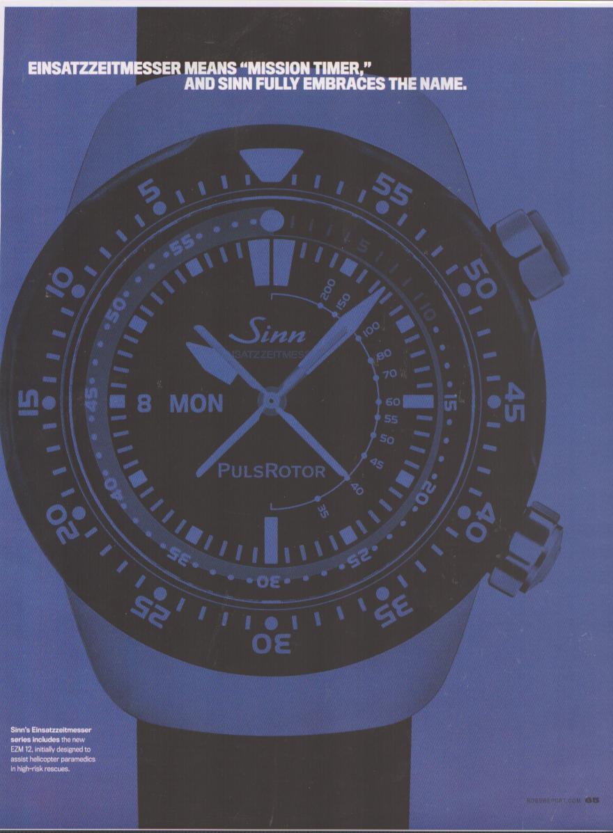 Vintage 2000s Sinn EZM 12 Einsatzzeitmesser original print advertisement, dramatic close-up of black PulsRotor mission timer dial on blue background